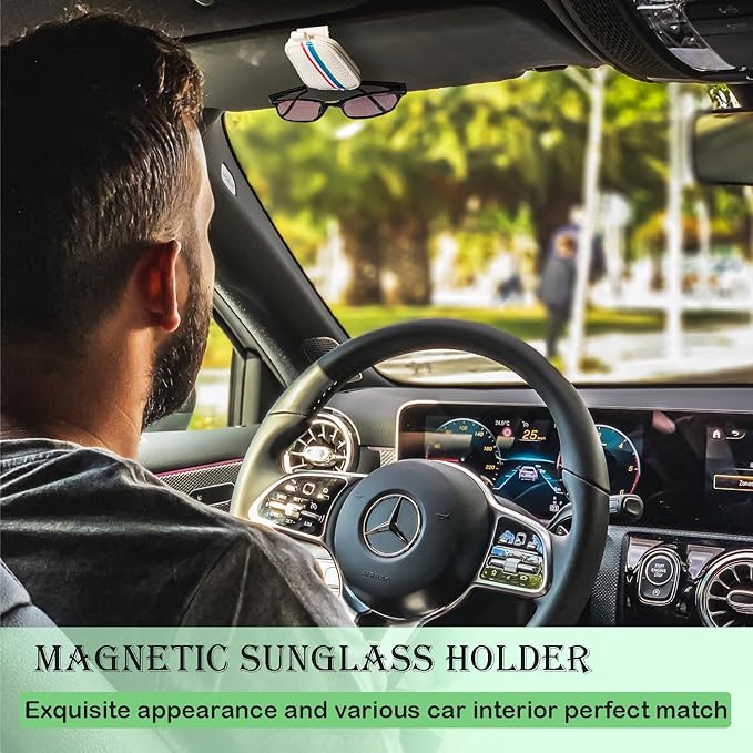 Sunglasses Holder for Car Visor - Universal Car Eyeglass Glasses Magnetic Clip - 2 Pack Leather Car Convenient and Fashion Sunglass Organizer Hanger Clip Ticket Card Clip Interior Accessories (Beige)