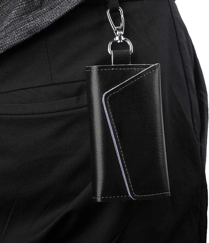 BAKUN Compact Leather Car Key Case, Key Holder Key Organizer Wallet, With 6 Hooks(Black)