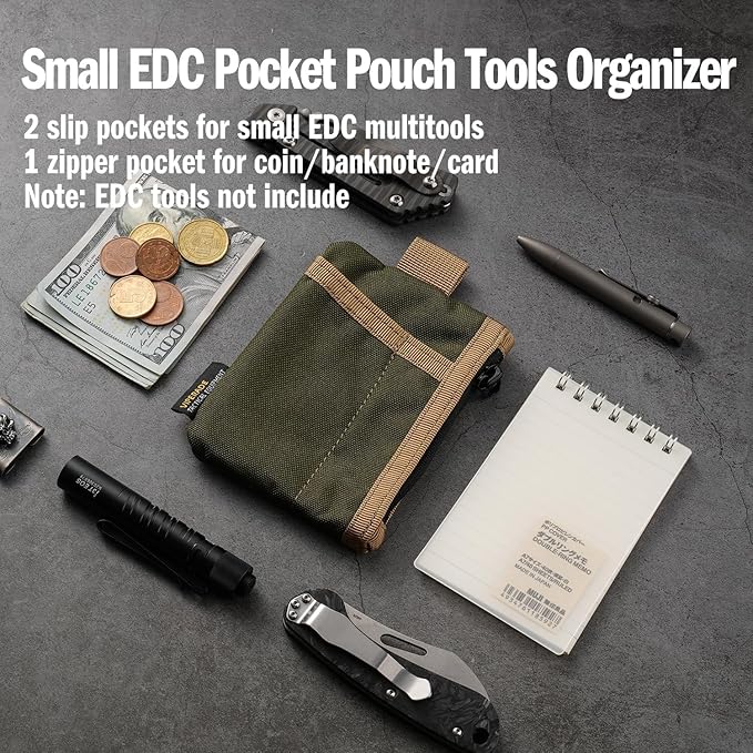 VIPERADE VE28 6-in-1 EDC Pouch, 500D Compact EDC Pocket Organizer, Molle Extension Tool Storage Bag, Small Coin Purse/Card Holder/Swiss Army Knife Pocket Pouch (Green/Tan)