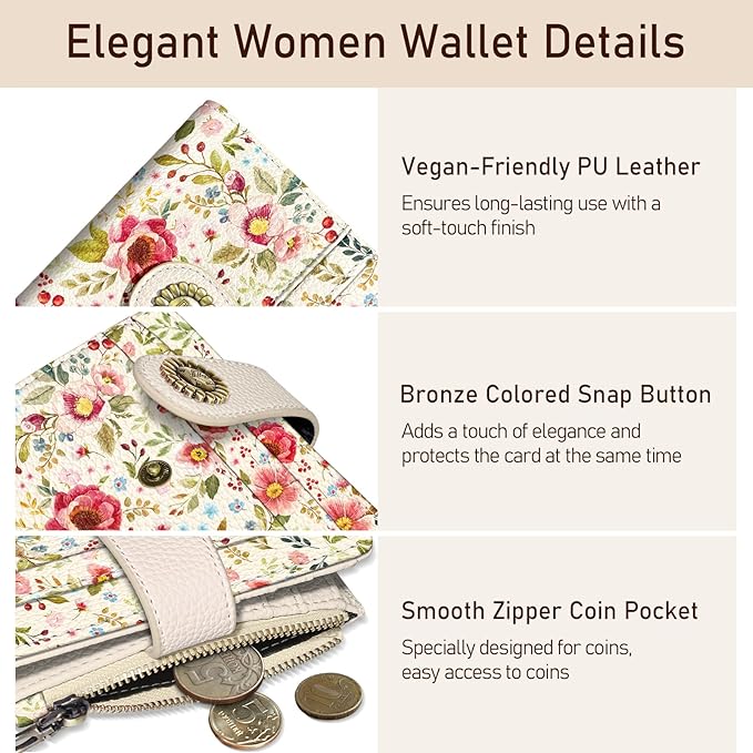 Kelvoris Red Flower Floral Small Rfid Women Wallet Bifold Zipper Coin Pocket PU Leather Compact Cash Credit Card Holder Travel Wallet for Female Ladies Teen Girls 1 ID Window 10 Card Slots