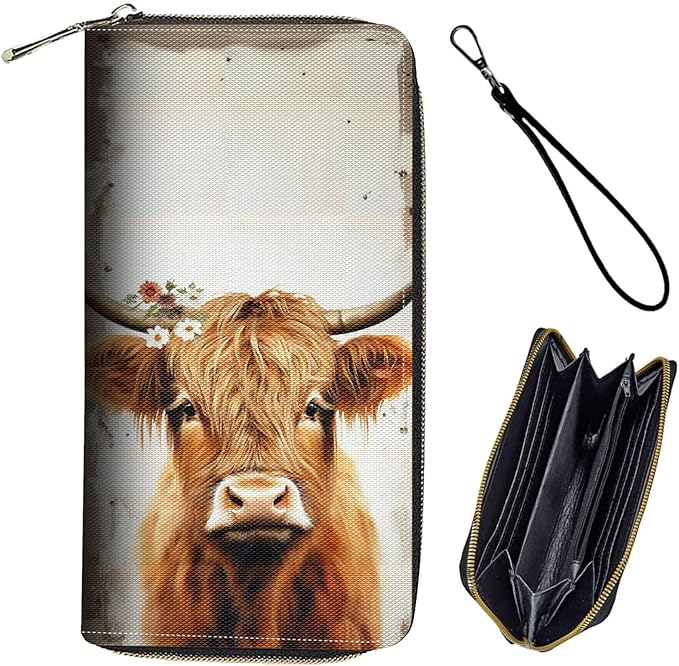 Bxgolkgd Womens Wallet, RFID Blocking Leather Wallet,Large Capacity Wallet Credit Card Holder PU Leather Ladies Clutch with Zipper Coin Pocket - Cute Highland Cow