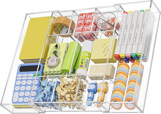 Marbrasse Acrylic Expandable Drawer Organizer, Clear Desk Drawer Organizer Tray with 5 Dividers, Desk Organizers and Accessories, 10 Adjustable Compartments for Office Supplies, Makeup & Vanity