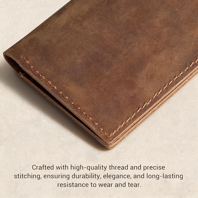 CoBak Genuine Leather Checkbook Cover – RFID Blocking, Luxury Handcrafted Design, Slim & Durable Organizer for Personal & Business Checks.Genuine Leather Brown