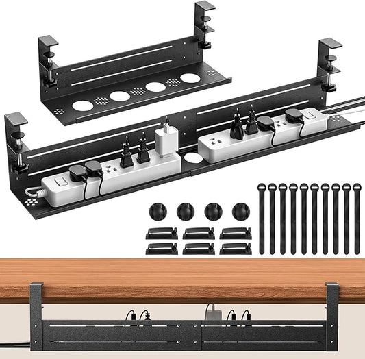 Under Desk Cable Management Tray - 18-29in Retractable Iron Cord Organizer, No-Drill Installation with Anti-Slip Pads, Desk Cable Tray for Office, Gaming,Standing Desks(Black)