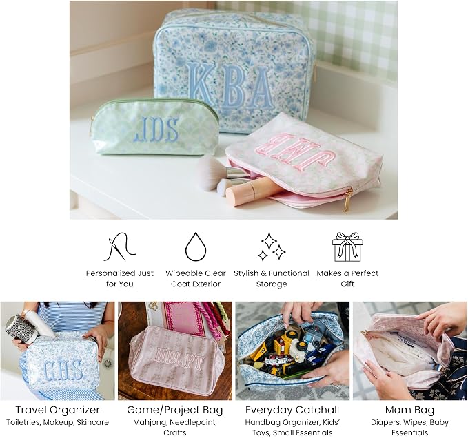 Personalized Clear Coated Pouch - Medium or Large Toiletry Bag with Embroidered or Applique Monogram, Custom Makeup or Travel Organizer, Easy-Clean Cosmetic Bag, Travel Gift for Women (Peony, Mini)