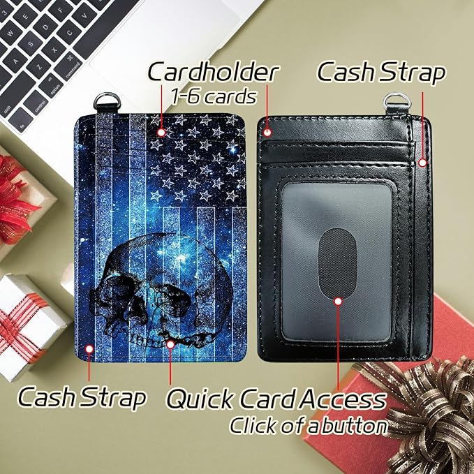 Small Travel Wallets, Blue Skull Flag Slim Minimalist Front Pocket Wallet with Wristlet, RFID Blocking PU Leather Credit Card Holder with ID Window Change Purse for Men Women