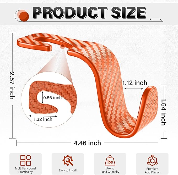 SINGARO Universal 2 Pack Car Seat Headrest Purse Hook, Carbon Fiber Back Seat Hook Storage Organizer Hanger for Purse Handbag Coat, Car Interior Accessories(Orange)