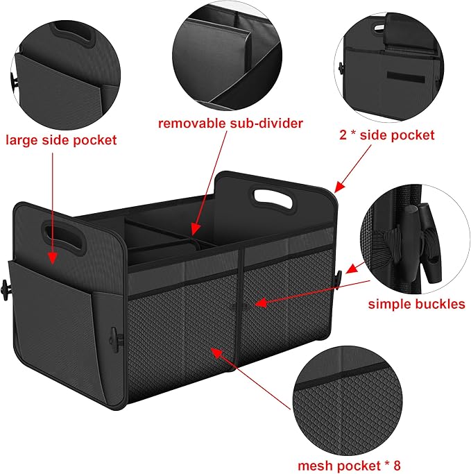 Femuar Car Trunk Organizer with 72L Large Capacity Waterproof Collapsible and 11 Pockets, Trunk Organizer for Car SUV/Jeep/Sedan, Large Size, Grey