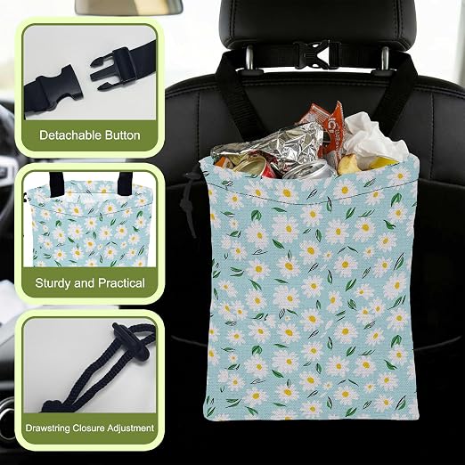 Car Trash Bag Blue Daisy Floral Leak-Proof Waterproof Car Garbage Bag with Drawstring Foldable Canvas Trash Bin with Adjustable Buckle for Car Accessories