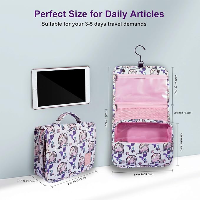 Eudora Hanging Travel Toiletry Bag for Women and Girls, Teenage Waterproof Bathroom Bag, Cute Glitter Mermaid Shower Cosmetic Bag with Large Capacity and 360 Rotatable Hook (Pink)