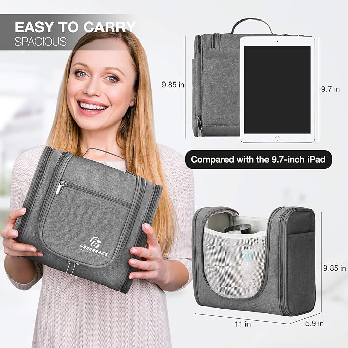 Freegrace Extra Large Hanging Toiletry Bag for Men and Women - Water-Resistant Nylon Travel Bathroom Organizer for Cosmetics, Makeup, and Toiletries