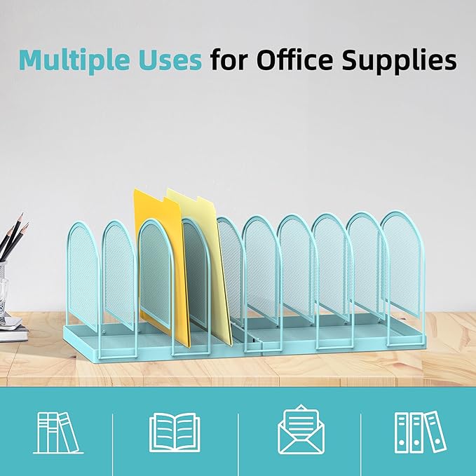 SUPEASY File Organizer 9-Section Mesh Desk Organizer, Upright File Organizer Desktop Organizer File Sorter, File Folder Holder for Office Supplies, Blue