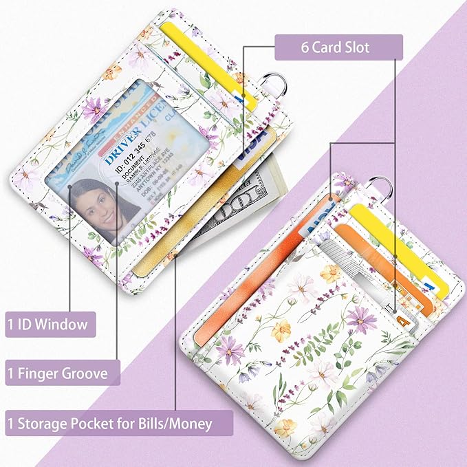 Coco Rossi Slim Front Pocket Wallet RFID ID Card Holder Cute Small Wallet with Wrist Lanyards Key Chain Holder for Women,White Daisy