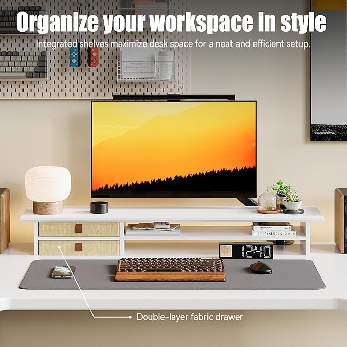 FENSULN Dual?‘Tier Monitor Stand Riser with Drawers, Desktop Organizer Shelf Storage for Computer Screen 2 Monitors, Supports for PC Computer Monitor, Printer, Heavy TV Riser White