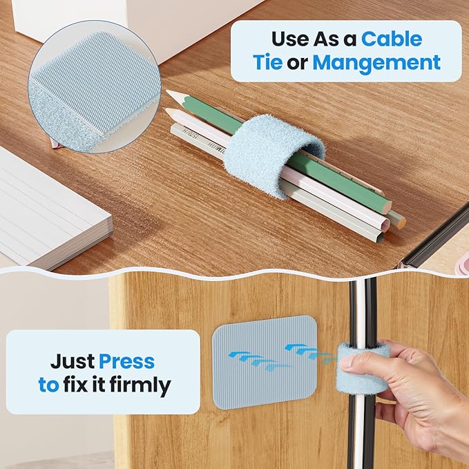 Cable Management Under Desk, 【Up to 15 Cord】【Enhanced Wire Holder】 Reusable Cord Organizer Holder, Adjustable Hook and Loop Cable Ties, Wire Clips Under Table Hider, 20 Pair(Blue)
