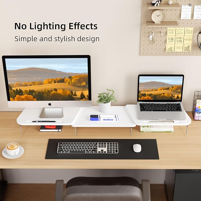 AFOOYO LED Dual Monitor Stand Riser for 2 Monitors,Office Desktop Wooden Stand Adjustable Length and Angle 3 Shelf,Extra Long Multifunctional Stand up to 39.3" for Computer,Laptop,TV,White
