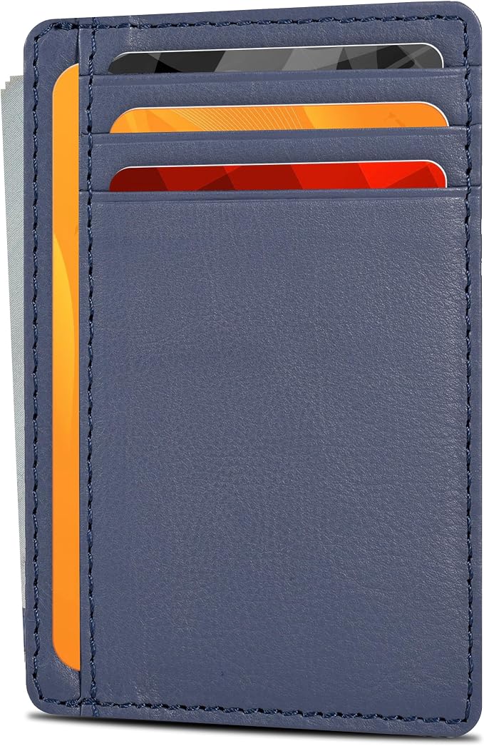 Real Leather Slim Minimalist Wallet for Men and Women -RFID Blocking Front Pocket Thin Credit Card Holder Stylish Wallets (Nappa Navy)
