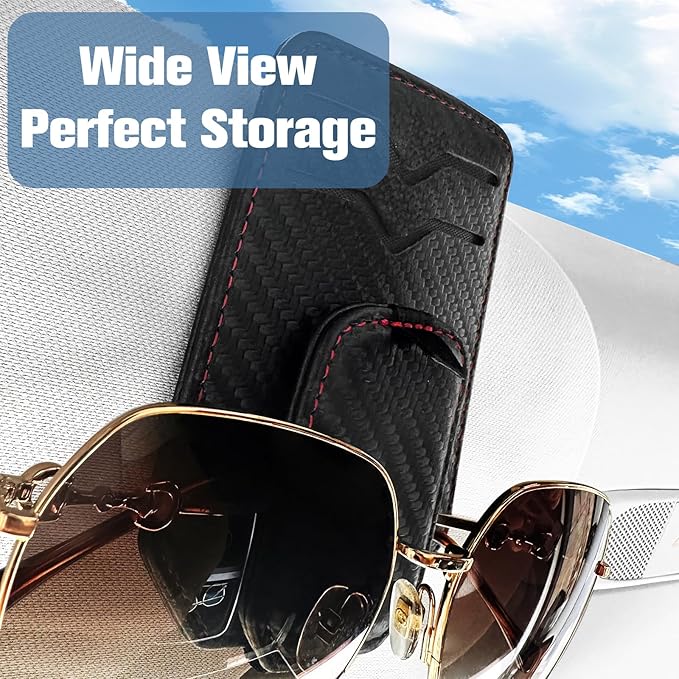 Car Sunglasses Holder - Visor Clip Style & Magnetic Plush Leather Construction Doubles as Credit Card & Fuel Card Box with Storage Pocket &Holds Sunglasses