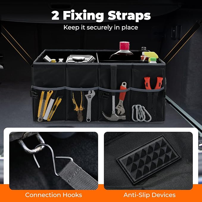 Goplus Collapsible Trunk Organizer, 13 Gallon Foldable Car Storage Organizer with Extenable Compartments, Pockets, Securing Straps, for SUV Van Sedan Truck, 22" x 16" x 10"