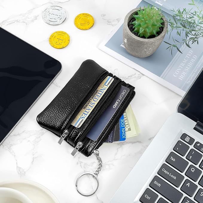 Chelmon 2 Pack Coin Purse Pouch Change Card Holder Small Wallet with Keychain for Women and Men (Black & Black)