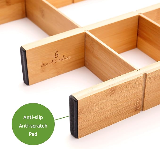 Adjustable 17-22in Bamboo Dividers Organizers with 9 Inserts, Expandable Spring Loaded Drawer Dividers for Kitchen, Dresser, Bedroom, Bathroom, Office, and Garage (4 Pack)