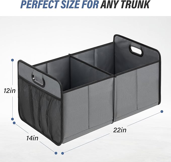 Simple Deluxe Car Trunk Organizer for SUV, Collapsible 2 Compartment 50L Automotive Storage Box with 5 Pocket, 600D Waterproof Oxford Polyester & Non Slip Bottom, Reinforced Handle, Grey