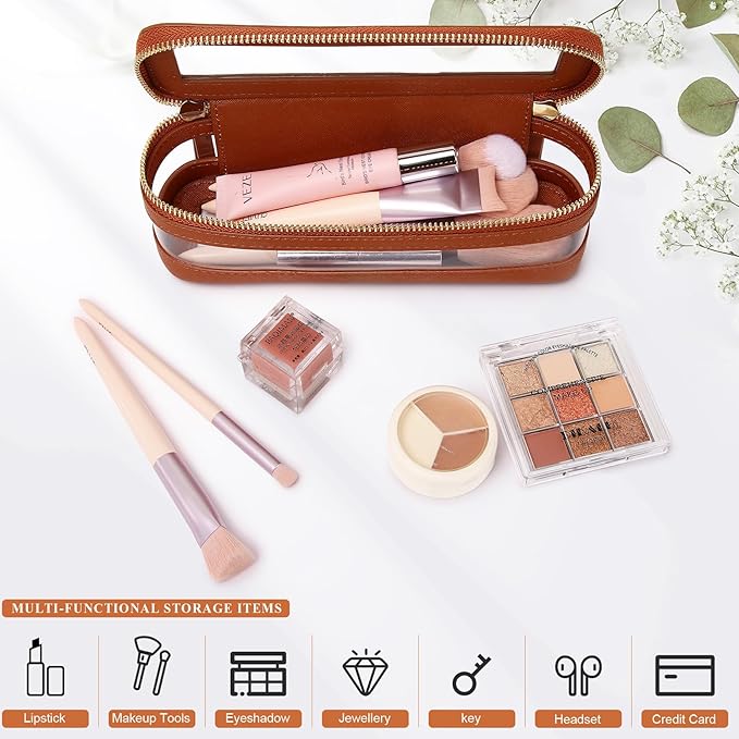 Pinkmik Makeup Brush Case Clear Travel Cosmetic & Toiletry Bag Slim Makeup Bag with Zipper Small Purse Organizer Car Essential for Women (X/Brown, SLIM-1)