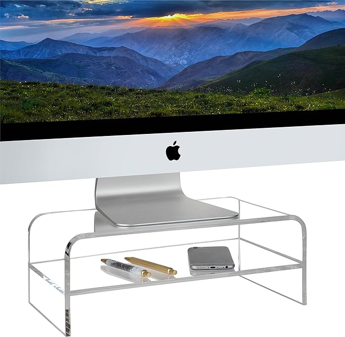 Homeries Computer Monitor Stand 2-Tier Acrylic, Universal Computer Riser for Home, Office, Business, Desk, Gamers | Multi Media Platform Lift for Laptop, Printer, TV Screen, PC |Extra Storage Space