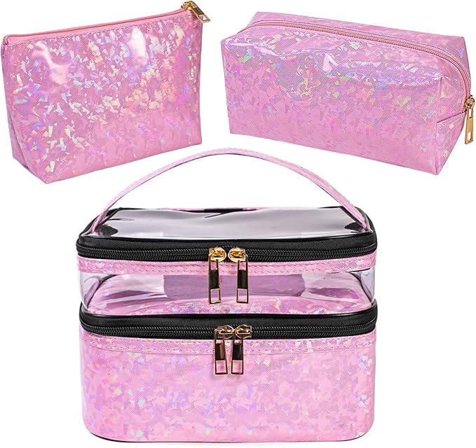 3 Pieces Makeup Bags Double Layer Travel Large Holographic Cosmetic Cases Organizer Toiletry Bags Waterproof Small Zipper Pouch for Women Makeup Brush Storage Bag,Light Pink