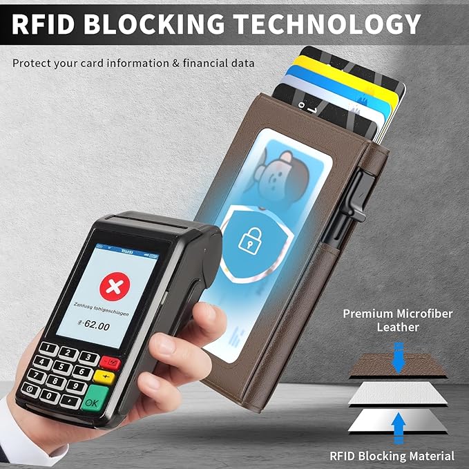 Wallet for Men Slim Minimalist Pop-up Smart Holds 5-6 Cards - RFID Blocking Metal with Money Clip, Credit Card Holder & ID Window,Business Card Cases, men accessories (Coffee)