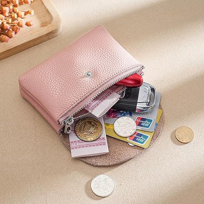 Genuine Real Leather Coin Purse Small Wallet for Women Men, Card Holder Case, Jewery Lipstick Organizer (Pink)