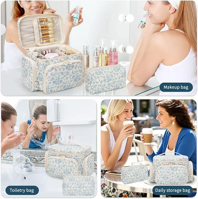 Makeup Bag Set, Travel Makeup Bag Organizer for Women Cute Floral Cosmetic Pouch Large Capacity with Makeup Brush Compartment, Cosmetic Travel Bag with Divider and Handle Toiletry Bag - Floral