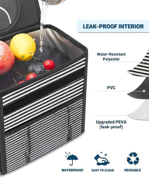 Capolo Car Trash Can with Lid, Leakproof Car Trash Bag Hanging Waterproof Automotive Garbage Can with Storage Pockets Mini Vehicle Trash Bin for Back/Front Seat(Stripe,2.5 Gallon)