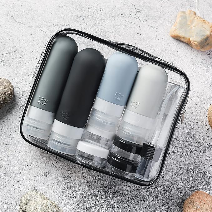 DEPOZA Travel Bottles Kit (16 Pack) - TSA Approved, Leak Proof Silicone Squeezable Containers for Toiletries. Complete Set with Jars, Sprayers & Bag (Black)