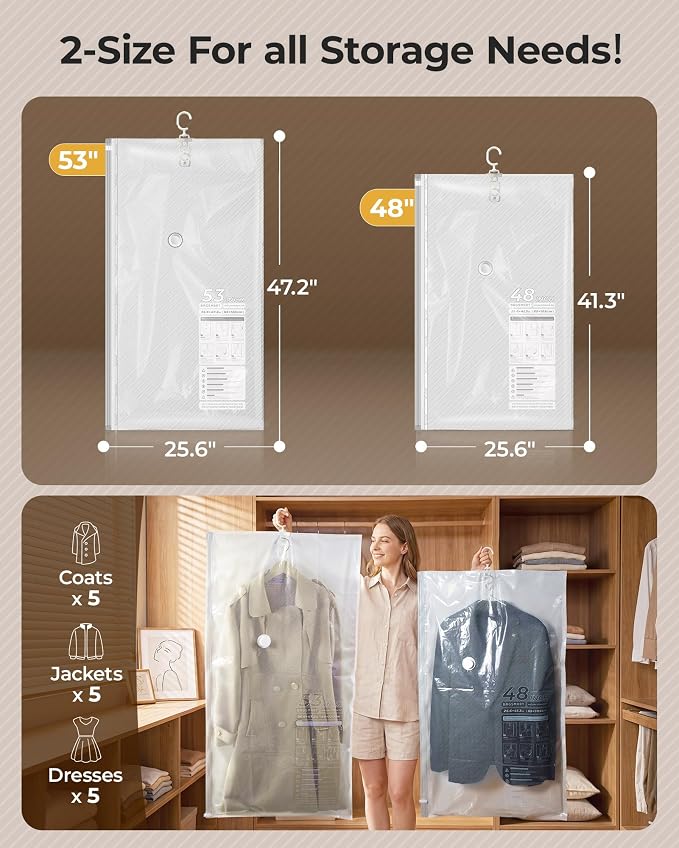BAGSMART 6 Pack Hanging Vacuum Storage Bags for Clothes, Space Saver Bags for Closet Organization, Air-tight Vacuum Sealer Bags for Heavy Coats, Suits, Dresses, Jackets, Hand Pump Included