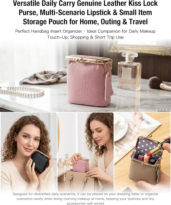 Litchi Leather Coin Purse for Women, Portable Vintage Wallet Mini Lipstick Holder Fashion Solid Color Kiss Lock Key Storage Square Pouch (Green)