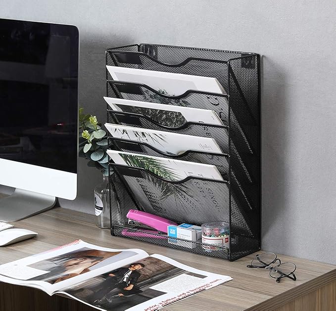 EasyPAG 5 Tier Wall File Holder Mesh Hanging Folder Organizer with Classify Label, Versatile Desk File Holder, Vertical Wall Mounted Mail Organizer for Office Home Cubicle, Black, Closed Sides