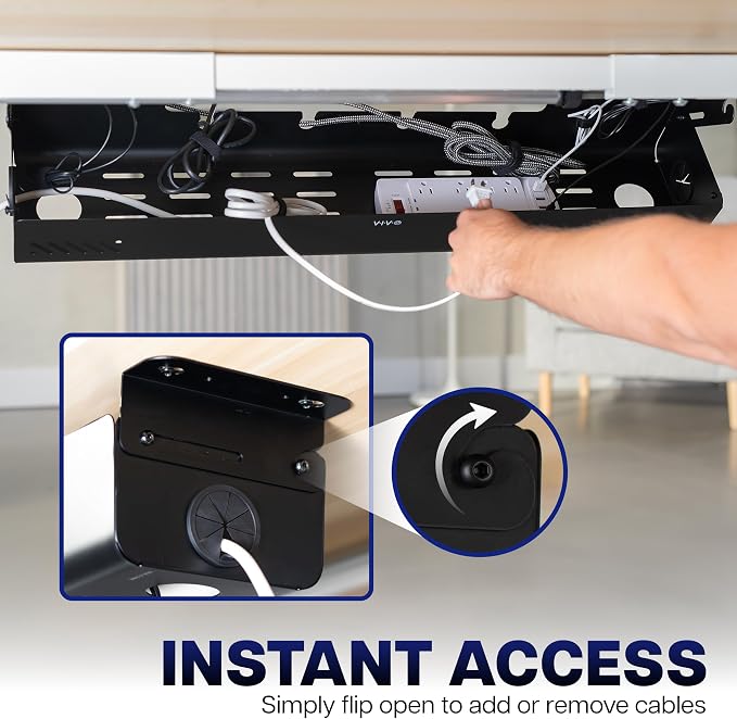 VIVO 35 inch Screw-On Under Desk Cable Management Box with Flip-Open Lid, Easy-to-Open Steel Cord and Power Strip Organizer, Cable Organizer Tray, 11 lbs Capacity, Black, DESK-ACMB35-S