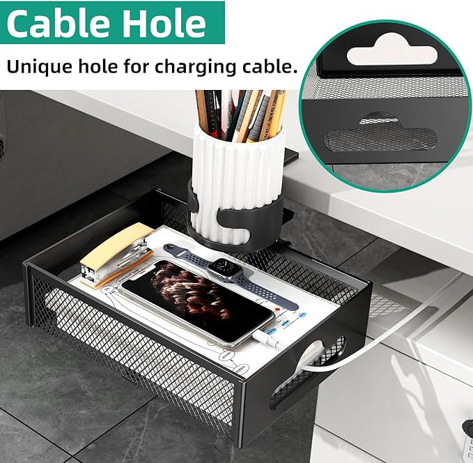 Desk Cup Holder with Drawer Organizer, Anti-Spill Clip-On Table Cup Hook with 360° Rotation Hidden Storage Box for Office Home Gaming Table (Black)