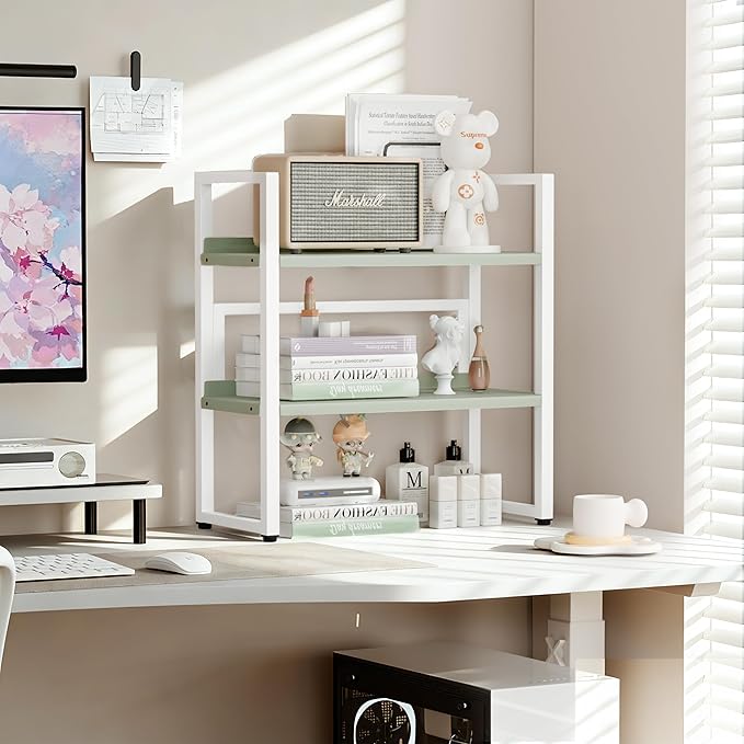 Brakki Desk Shelf Organizer, Adjustable 2 Tier Metal Desktop Shelves, Desktop Bookshelf Organization with Foot Mat, Multi-Functional Small Storage Rack for Office Dorm Home, White and Green