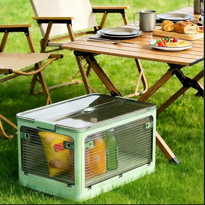 【5-Side Opening & 4 Rolling Casters】Storage Bins with Lids，Portable Foldable Storage Box ，Plastic Stackable Storage Bin for Snacks, Camping，Tools, Closet Organizer (Green)