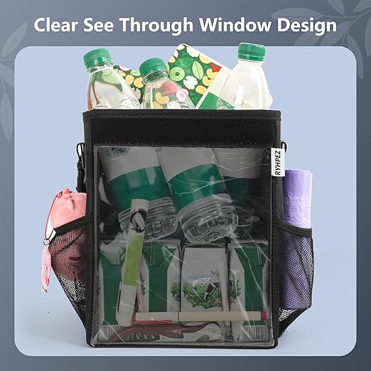 Ryhpez Car Trash Can with See Through Window, Clear Black Multipurpose Car Organizer Storage with Removable Liner, Leakproof Car Garbage Container for Vehicles, SUV, Truck (2.1Gallon/8L)