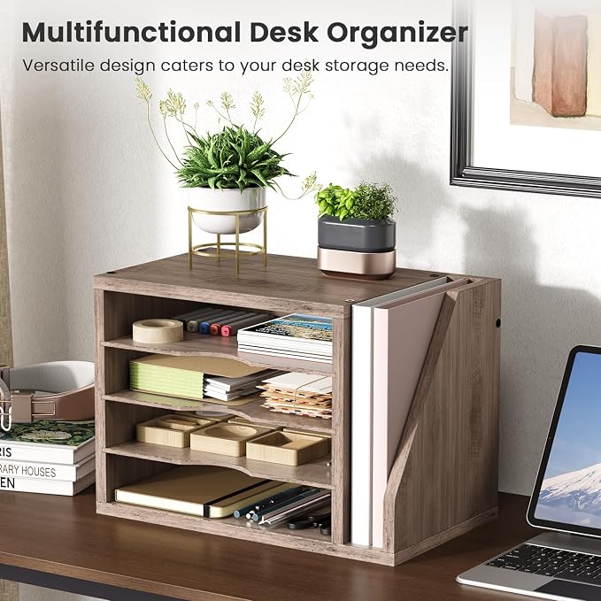 Creso hom Mail Sorter, File Organizer Desktop, Wood Desk Organizer with 3 Adjustable Shelves, Mail Holder for Office, Home, Letter Sorter File Holders for Envelopes, Mail Supplies Magazines, Greige