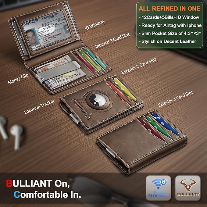 BULLIANT Men Airtag Wallet,Slim Wallet Money Clip Card Holder Magnetic Closure 12 Cards in Front Pocket RFID Blocking