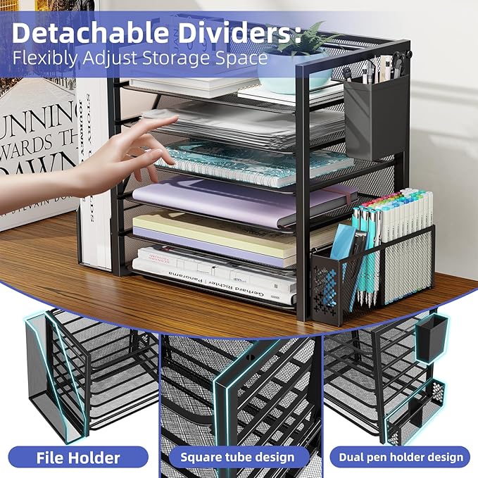 Simple Trending 6 Tier Desk File Organizer, Paper Letter Tray Organizer with File Holder and Pen Container, Black