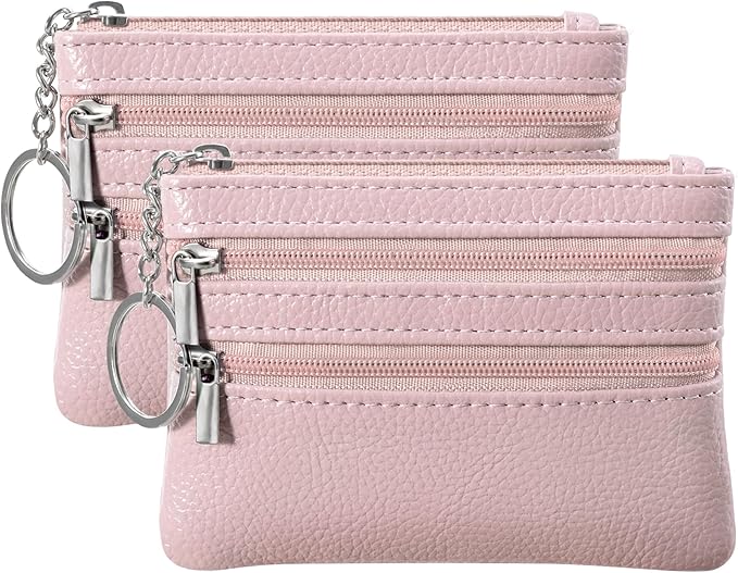 Chelmon 2 Pack Coin Purse Pouch Change Card Holder Small Wallet with Keychain for Women and Men (Pink & Pink)