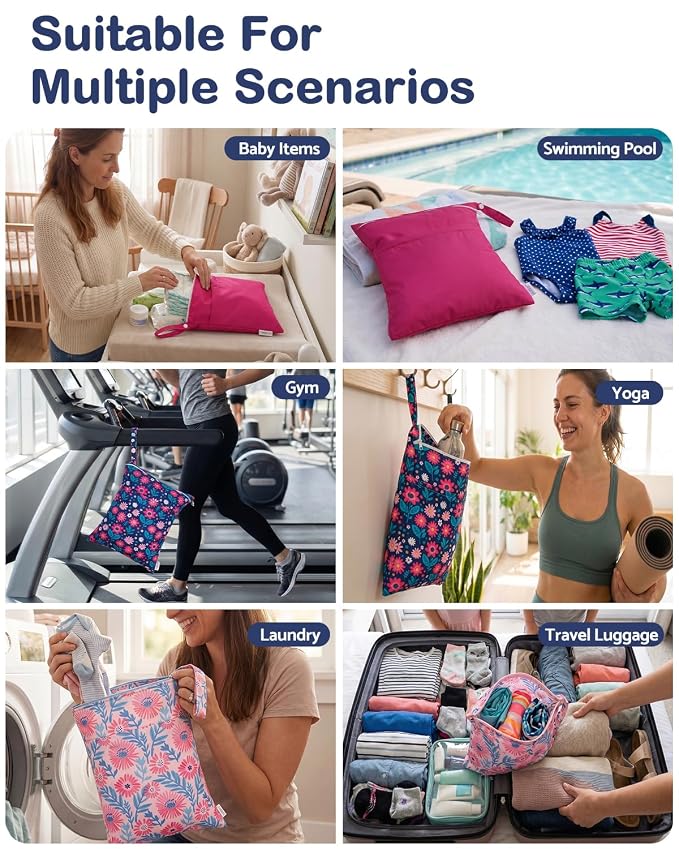 ALVA ALVABABY 3pcs Medium Cloth Diaper Wet Dry Bags Waterproof Reusable with Two Zippered Pockets Travel Beach Pool Daycare Soiled Baby Items Yoga Gym Bag for Swimsuits or Wet Clothes 3L-ZM41