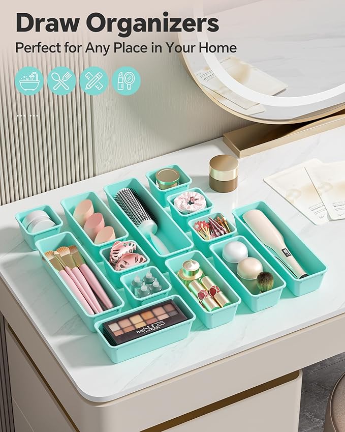 Canfanni 13 Pack Plastic Drawer Organizers Set, 3 Sizes Desk Drawer Organizer Trays for Vanity and Makeup Organizer, Organization and Storage for Makeup, Kitchen Utensils, Bathroom and Office(Blue)