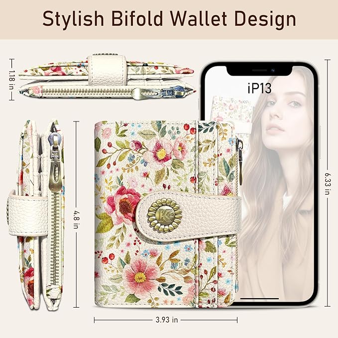 Kelvoris Red Flower Floral Small Rfid Women Wallet Bifold Zipper Coin Pocket PU Leather Compact Cash Credit Card Holder Travel Wallet for Female Ladies Teen Girls 1 ID Window 10 Card Slots