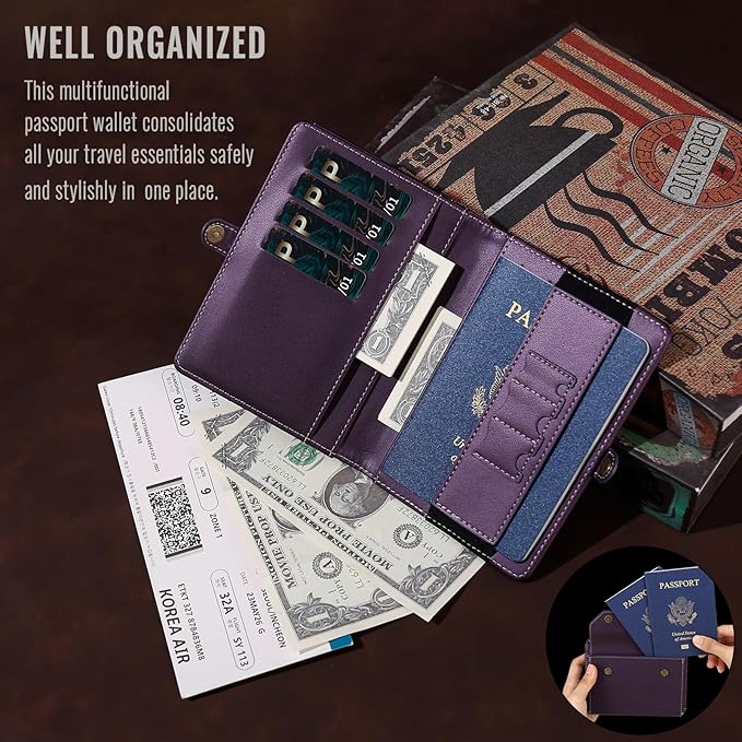 ASAPDOS RFID Blocking Family Passport Holder Wallet,Hold 3-4 Passports for Travel with Credit Card Slots & Wrist Crossbody Strap Purple